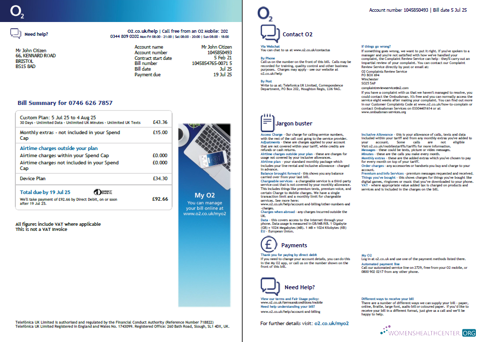 download download USA O2 utility bill template in Word and PDF formats, 2 pages, version 3 PDF template PDF template